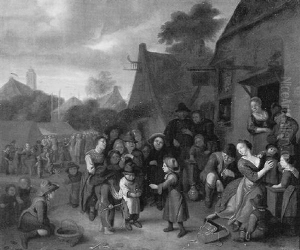 Personnages Assembles Devant Une Auberge Oil Painting by Pieter de Bloot