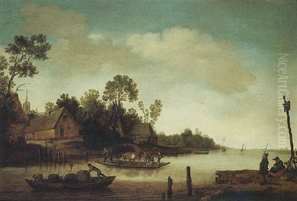 River Landscape With A Ferry Boat Near A Village Oil Painting by Pieter de Bloot