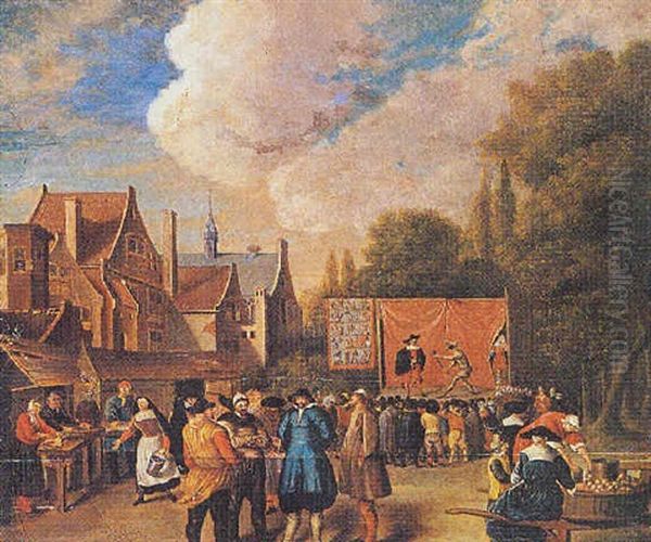 A Market Scene In A Town With A Street Theatre Oil Painting by Pieter de Bloot