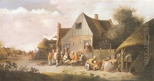 Vue D'une Rue De Village Avec Un Joueur De Vielle Devant L'auberge Oil Painting by Pieter de Bloot