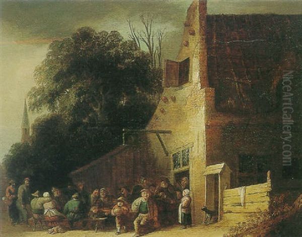 Peasants Eating And Drinking Outside A Tavern Oil Painting by Pieter de Bloot