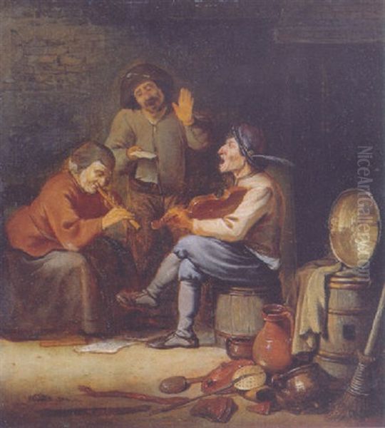 The Sense Of Hearing: Peasants Music-making In A Barn, A Pile Of Kitchen Utensils In The Foreground Oil Painting by Pieter de Bloot