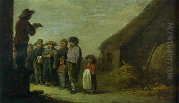 A Man Addressing A Group Of Peasants By A Barn Oil Painting by Pieter de Bloot