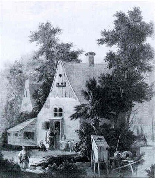 Peasants Conversing Outside A Country Inn, A Maid Collecting Water From A River Oil Painting by Pieter de Bloot