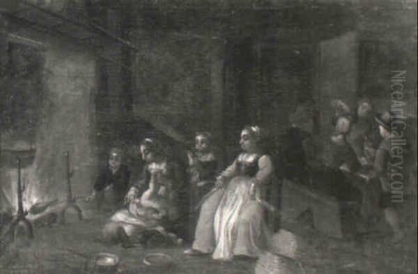 Peasants Seated Around A Fire And Eating At A Table In A Cottage Oil Painting by Pieter de Bloot