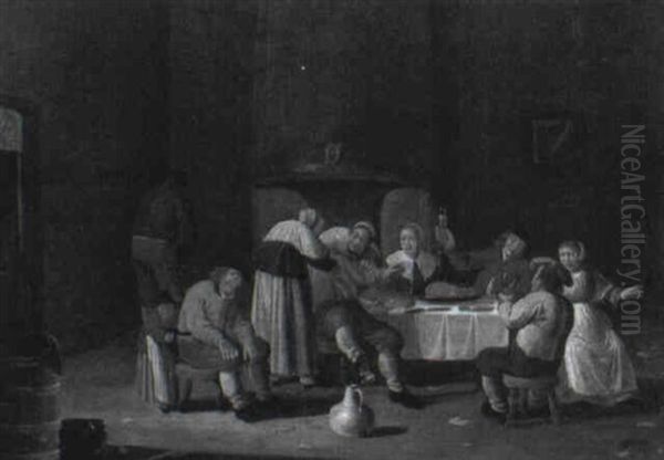 Peasants Feasting At A Table In A Kitchen Interior Oil Painting by Pieter de Bloot