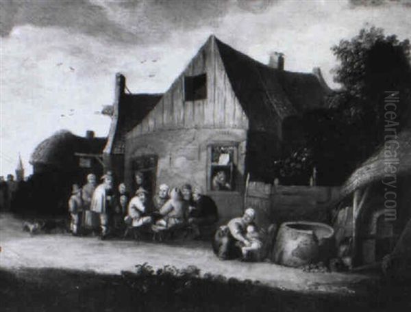 Musicien Et Personnages Devant Une Auberge Oil Painting by Pieter de Bloot