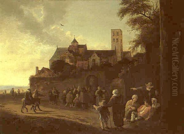 Pilgrims Outside The Walls Of The Mariakirk, Utrecht Oil Painting by Pieter de Bloot