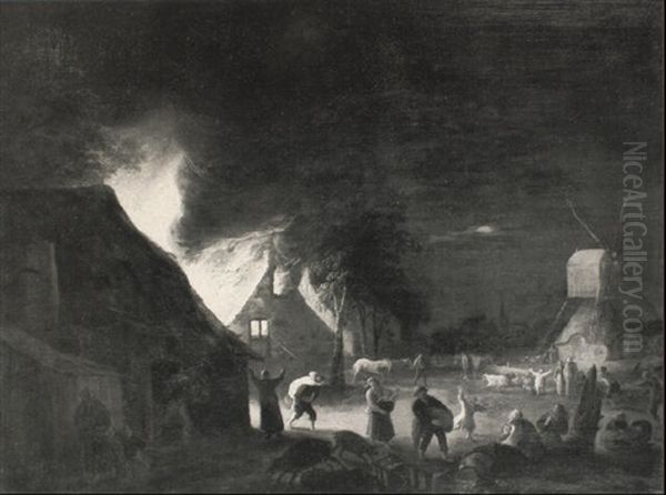 A Hamlet On Fire At Night Oil Painting by Pieter de Bloot