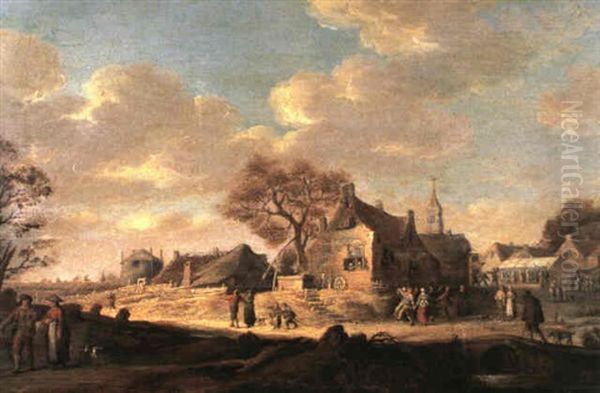 Peasants Walking Along A Village Street Whilst Other        Villagers Gather And Dance Beyond Oil Painting by Pieter de Bloot