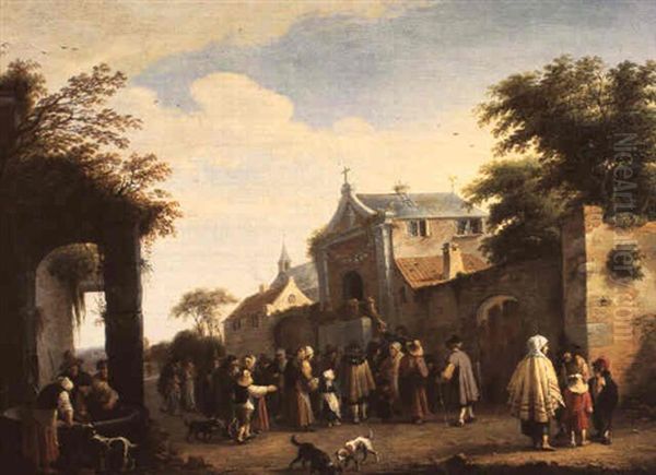 Des Moines Distribuant Du Pain A Des Paysans Devant Une     Eglise Oil Painting by Pieter de Bloot