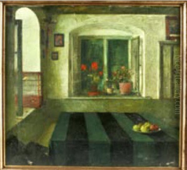 Bauernstube Mit Apfeln Auf Dem Tisch Und Topfblumen Auf Der Fensterbank Oil Painting by Carl Blos