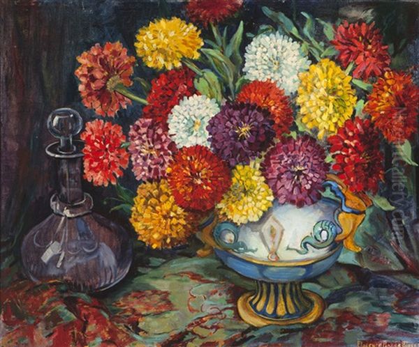 Still Life With Zinnias In A Vase Oil Painting by Florence Parker Bloser