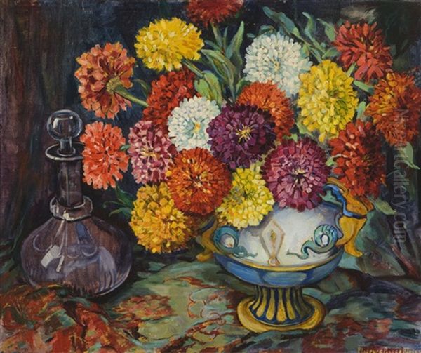 Still Life With Zinnias In A Vase Oil Painting by Florence Parker Bloser