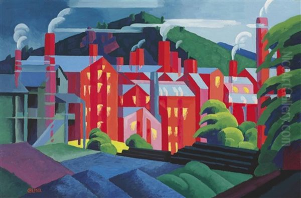 Jersey Silkmills Oil Painting by Oscar Florianus Bluemner