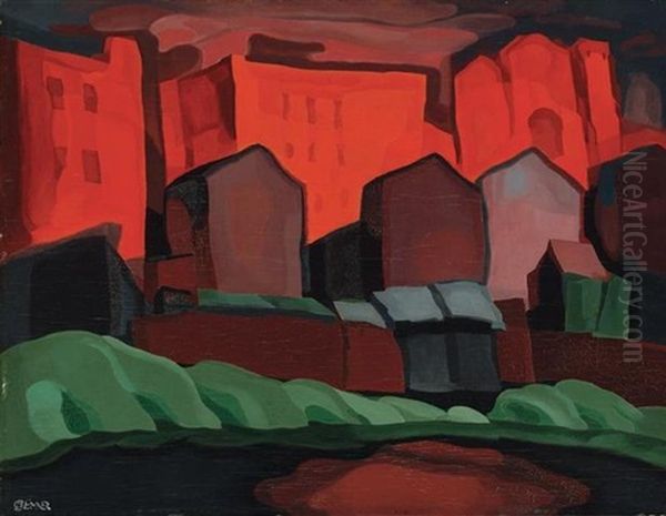 American Night-red Glare Oil Painting by Oscar Florianus Bluemner