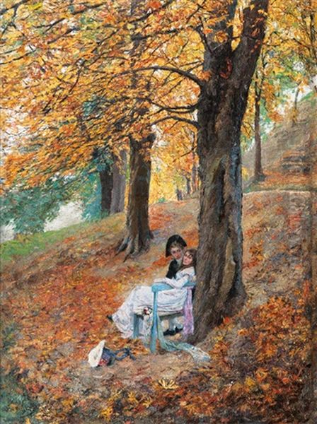 Lovers In An Autumnal Park Oil Painting by Oscar Arthur Bluhm