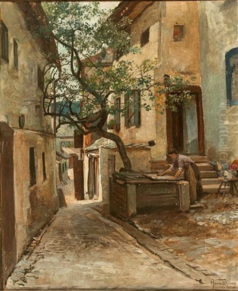 Blick In Eine Gasse Mit Einer Wascherin Im Vordergrund Oil Painting by Hans Blum