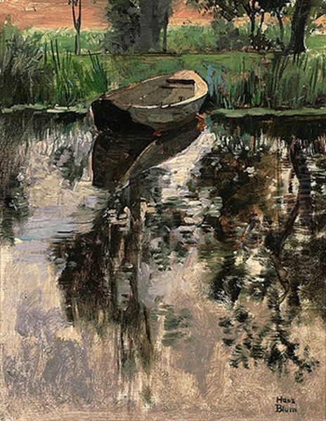 Spiegelnder Teich Mit Kahn An Einem Fruhlingstag Oil Painting by Hans Blum