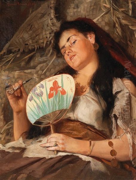 Girl Smoking Pipe With Japanese Fan Oil Painting by Edmund Blume