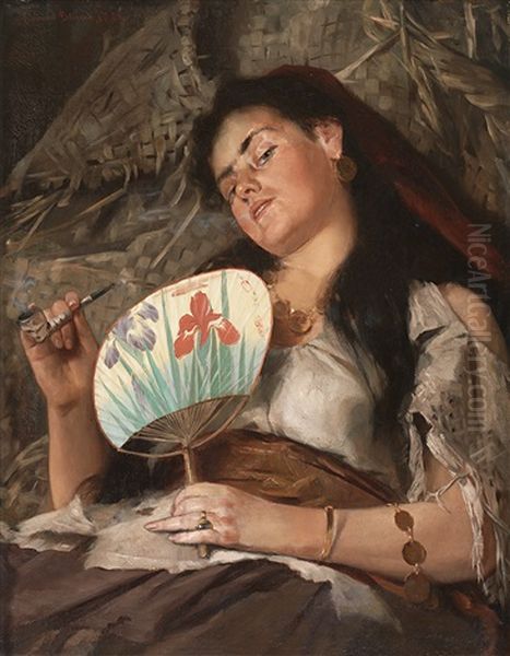 Halbfigurliches Portrait Einer Liegenden Mit Pfeife Und Japanischem Facher Oil Painting by Edmund Blume