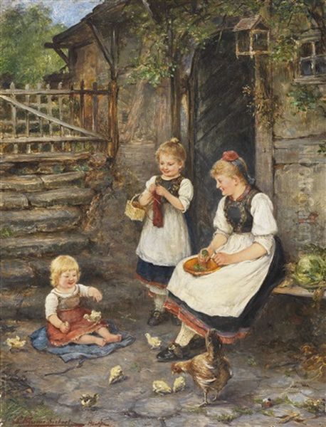 Drei Madchen In Schwalmer Tracht Oil Painting by Ludwig Blume-Siebert