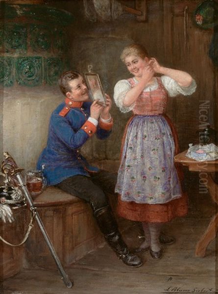 Das Geschenk. Junger Militar Halt Seiner Braut, Die Ohrringe Anprobiert, Den Spiegel Oil Painting by Ludwig Blume-Siebert