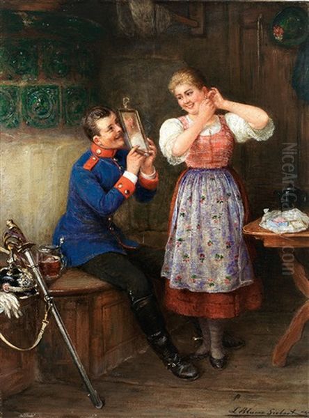 Das Geschenk. Junger Militar Halt Seiner Braut, Die Ohrringe Anprobiert, Den Spiegel Oil Painting by Ludwig Blume-Siebert