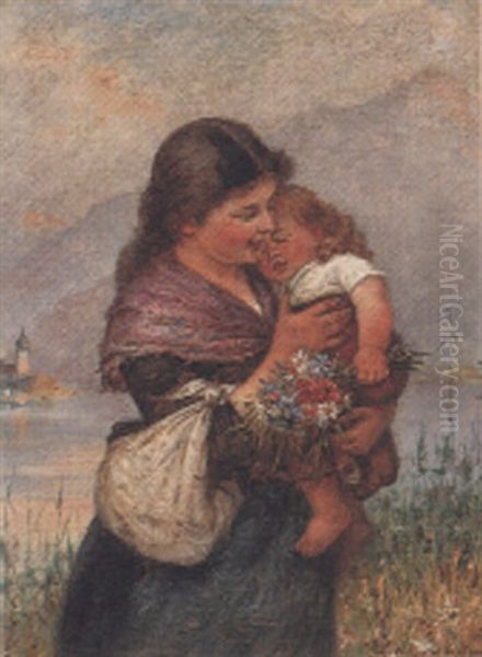 Mutter Mit Kind Am Chiemsee Oil Painting by Ludwig Blume-Siebert