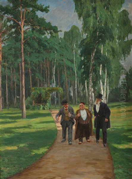 Tre Herrer Pa Tur I Parken by August Blunck