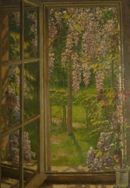 Am Fenster. Blick Auf Einen Fruhlingsgarten Mit Bluhenden Glyzinien Oil Painting by August Blunck