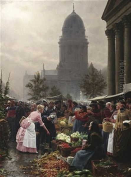 Berlin. Marktreiben Auf Dem Gendarmenmarkt, Im Hintergrund Die Kuppel Des Franzosischen Domes Oil Painting by August Blunck