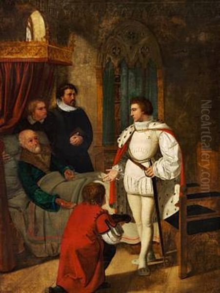 Cansleren Niels Kaas, Som Paa Sin Sotteseng Giver Christian Iv Noglen Til Rigets Klenodier Oil Painting by Detlev Konrad Blunck