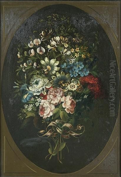 A Ribbon Tied Bouquet Of Flowers, Within A Painted Oval Oil Painting by James Albert