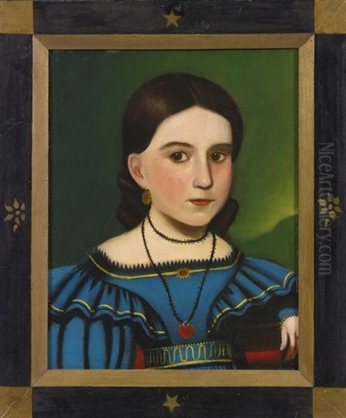 Portrait Of A Young Dark-haired Girl In A Blue Dress And Red Locket Oil Painting by John Sherburne Blunt