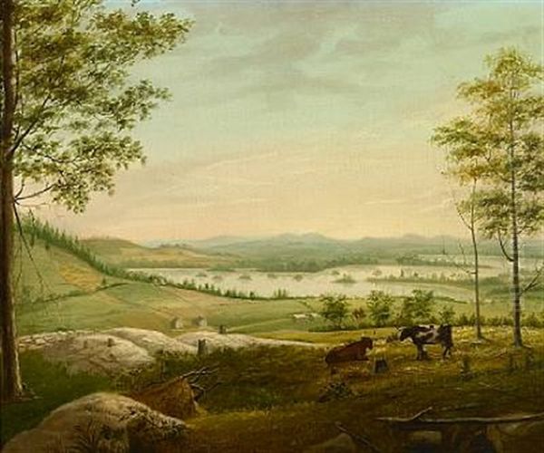 Cows Grazing On A Hillside With A View Of A Lake And Farmhouse Oil Painting by John Sherburne Blunt