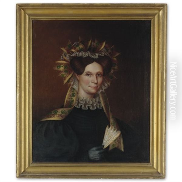 Portrait Of A Lady With Ribbon Bonnet, Dove-colored Glove And Fan Oil Painting by John Sherburne Blunt