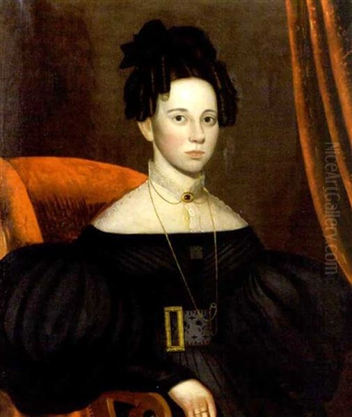 Portrait Of A Young Woman In Lace Collared Black Dress With Elaborate Jewelry, Seated On Red Chair With Scroll Arms Oil Painting by John Sherburne Blunt