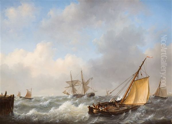 Fishing Boats On Choppy Water Near The Coast Oil Painting by Frans Jacobus van den Blyk