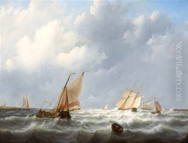 Ships Sailing Under The Dutch Flag On Choppy Water Oil Painting by Frans Jacobus van den Blyk