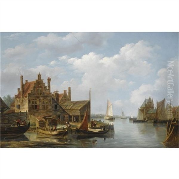 A View Of A Riverside Village Oil Painting by Frans Jacobus van den Blyk