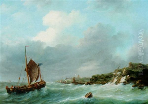 A Sailing Vessel At Full Sail, Approaching A Harbour Oil Painting by Frans Jacobus van den Blyk