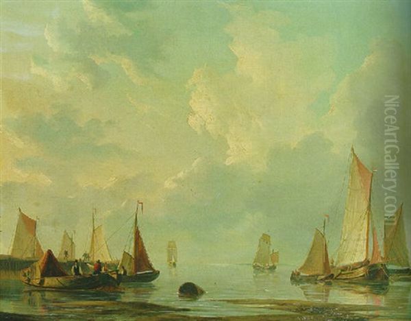 Moored Rivercraft At A Harbour Entrance Oil Painting by Frans Jacobus van den Blyk