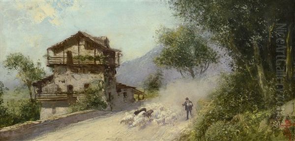 Paesaggio Montano Con Gregge E Pastore Oil Painting by Giacinto Bo