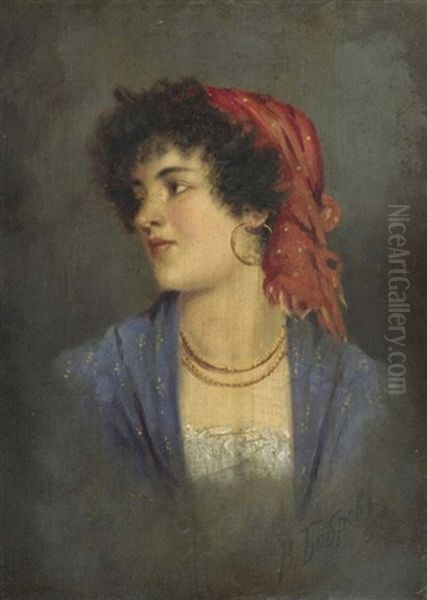 Bildnis Einer Jungen Frau Mit Rotem Kopftuch Oil Painting by Viktor Alekseevich Bobrov