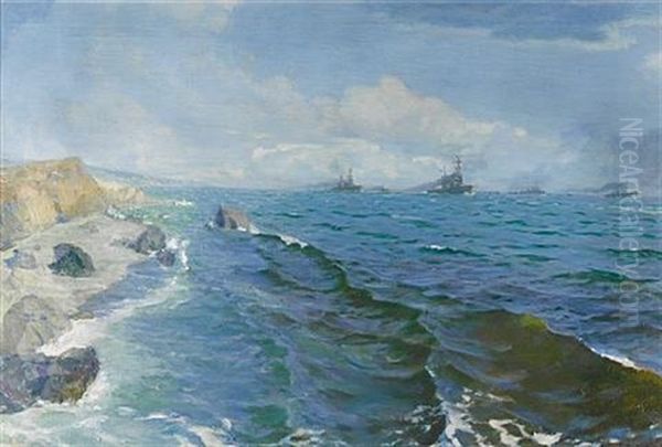 Ships On The Horizon Oil Painting by Grigori Mikhailovich Bobrovsky