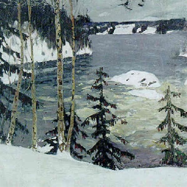 Lake In A Winter Landscape Oil Painting by Grigori Mikhailovich Bobrovsky