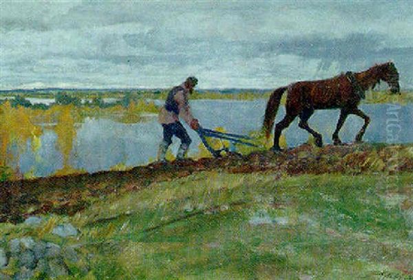 Ploughing The Field Oil Painting by Grigori Mikhailovich Bobrovsky