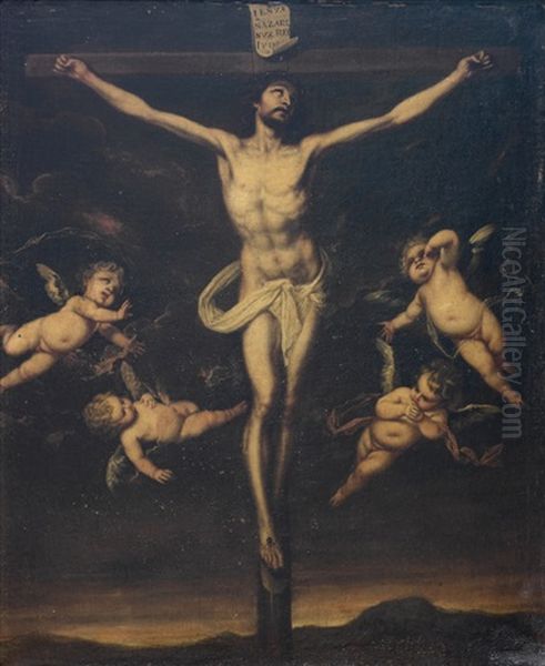 Crucificado Con Angeles Oil Painting by Pedro Anastasio Bocanegra