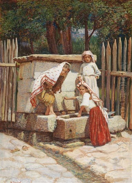 By The Fountain Oil Painting by Spiro Bocaric